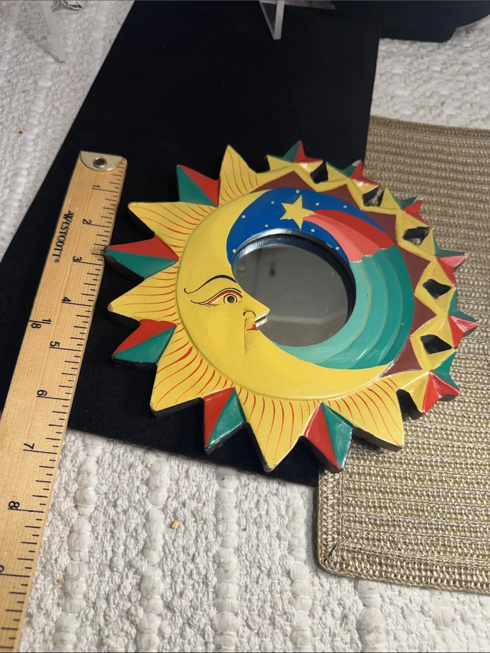 Celestial Sun Moon Wall Mirror Folk Art Hand Painted Made in Indonesia Boho Deco